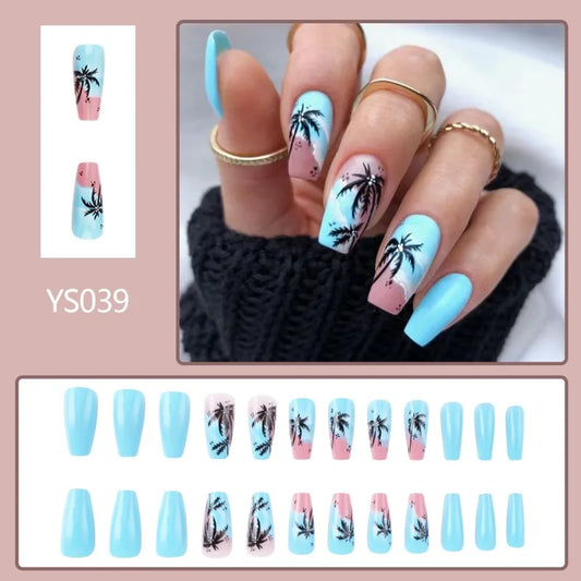 24pcs Medium Long False Nails for Women Sandy Beaches Coconut Trees Thick Acrylic Press on Nails with Tools Beach nail Tips 2025