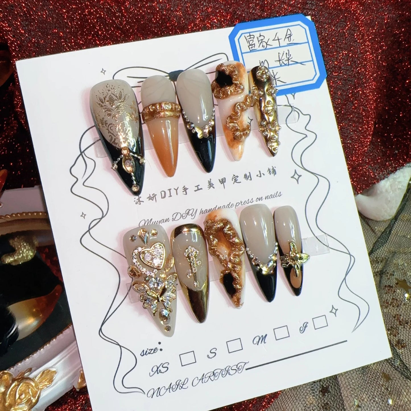 Luxury Rich Lady Press On Nails Set, Resin Fake Nails with 3D Embossed Patterns & Gold Accessories, Precise Sizing, Great for