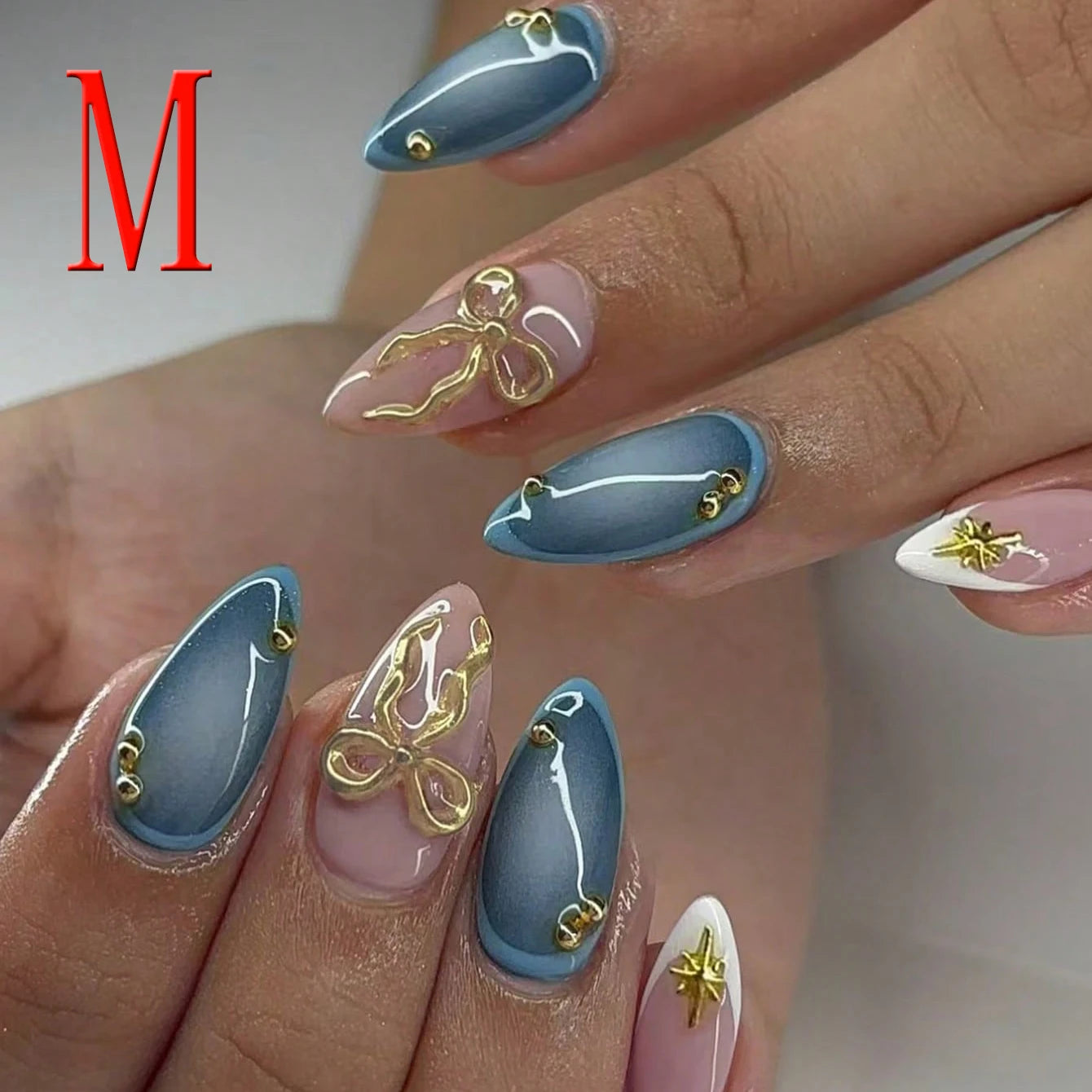 10PCS Almond Fake Nail French Pointed Strap 3d Gold Bow Star Burst Design Nail Blue Gradient Acrylic Full Coverage Nail