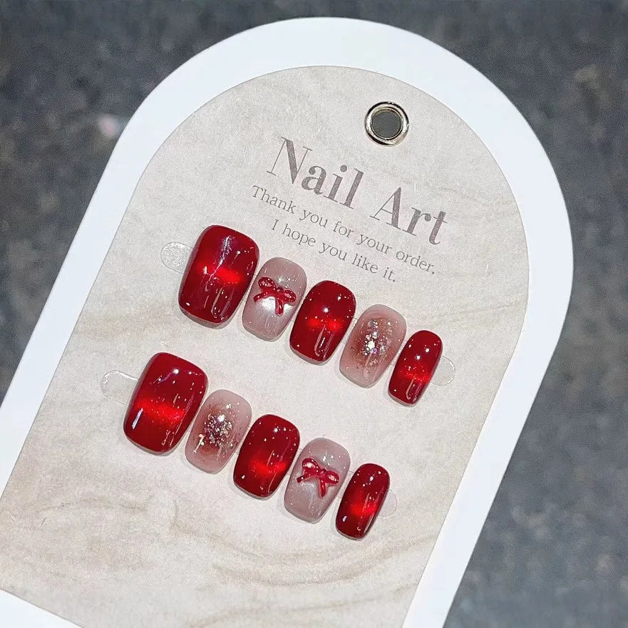 Wholesale Nail Art Crystal Cat Eye Acrylic Press on Nails Short Square Red Handmade Fake Nails Gradient Shiny Pearl False Nails