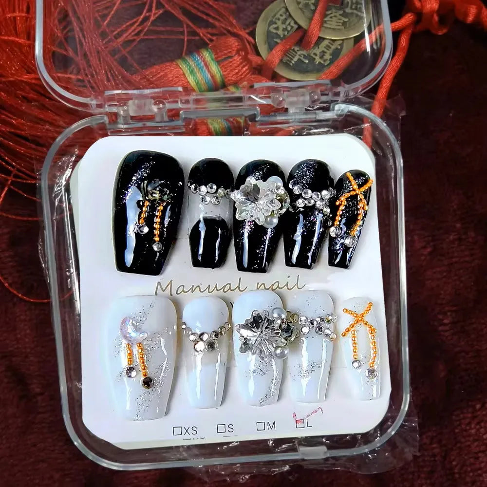 10pcs High Quality Handmade Press on Nails Medium Ladder Black White Thick Acrylic Nail Manicure Art Accessories For Kids Girl