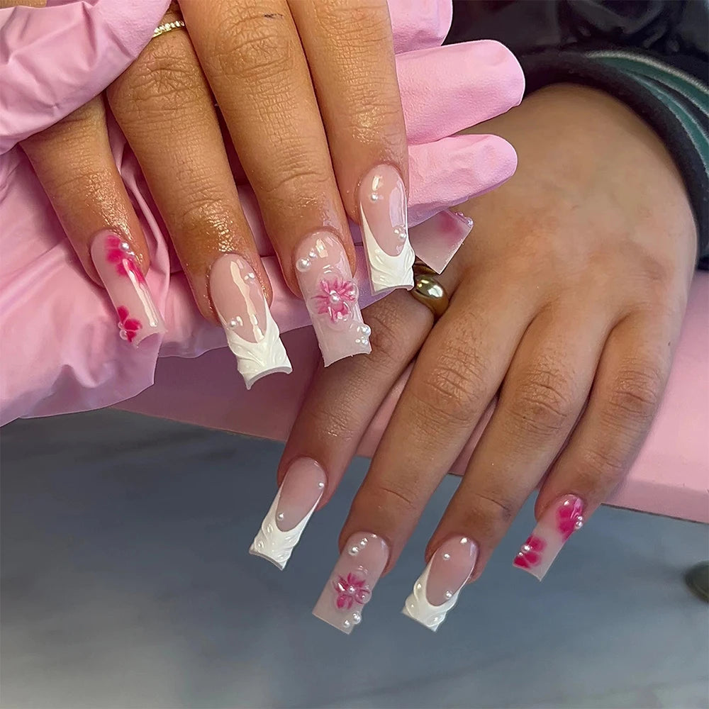 24pcs/set 3D gelnial makes medium Square Flowernails With pearls design French Tip Press On Nails medium Fit Perfectly Acrylic F