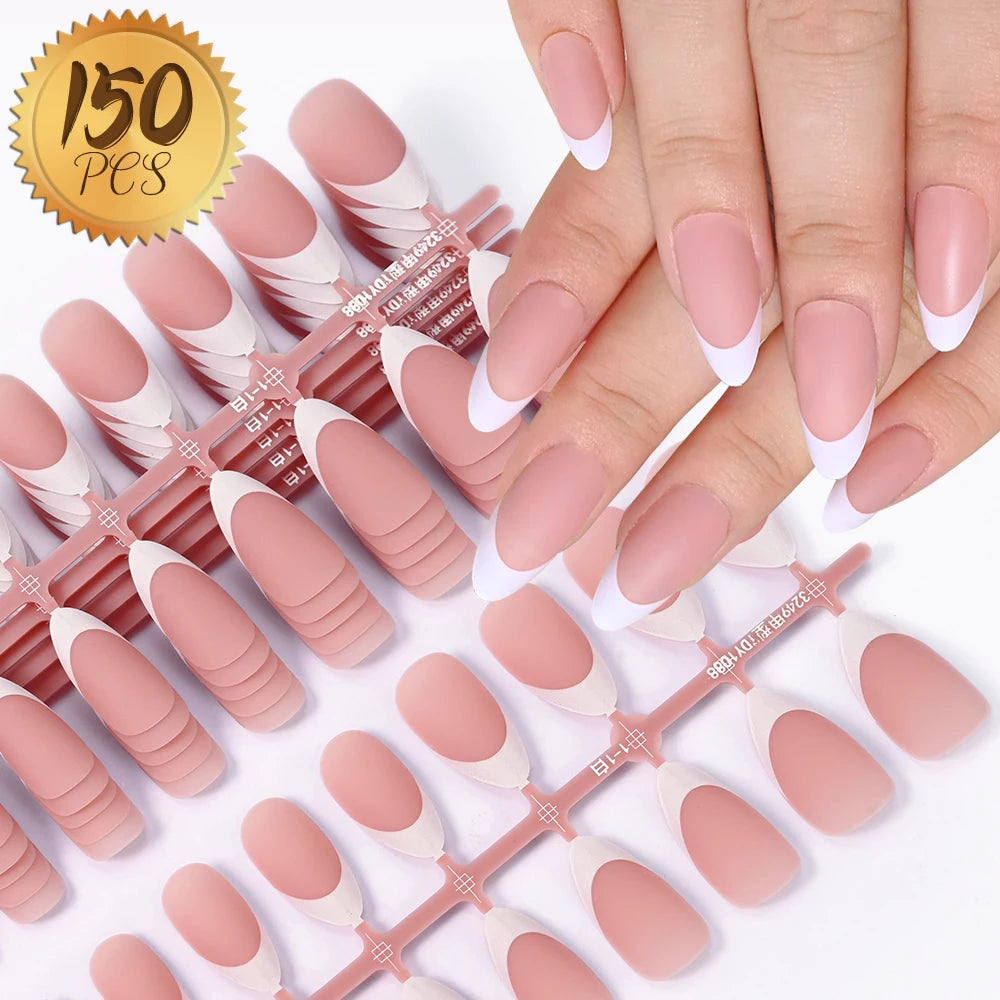 120/150/240pcs Pink Medium Almond French Press On Nails Glossy White French Oval Full Cover Wearable False Nail Acrylic FakeNail