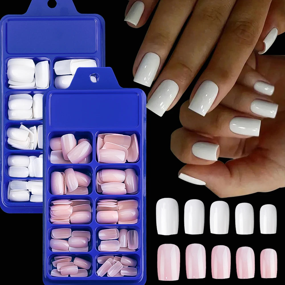 100/120pcs Pink White Press On Nails Medium Trapezoid Acrylic False Nails Full Artificial Fingernails Extension Fake Nail Tips
