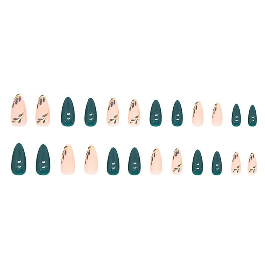 24P/Set Medium-length Almond Press on Nails Wearable False Nails Simple Green Leaves Dark Green Temperament Sweet Cool Nails Art