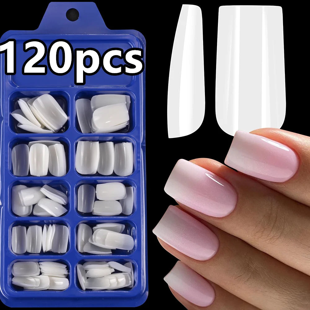 100/120pcs Pink White Press On Nails Medium Trapezoid Acrylic False Nails Full Artificial Fingernails Extension Fake Nail Tips