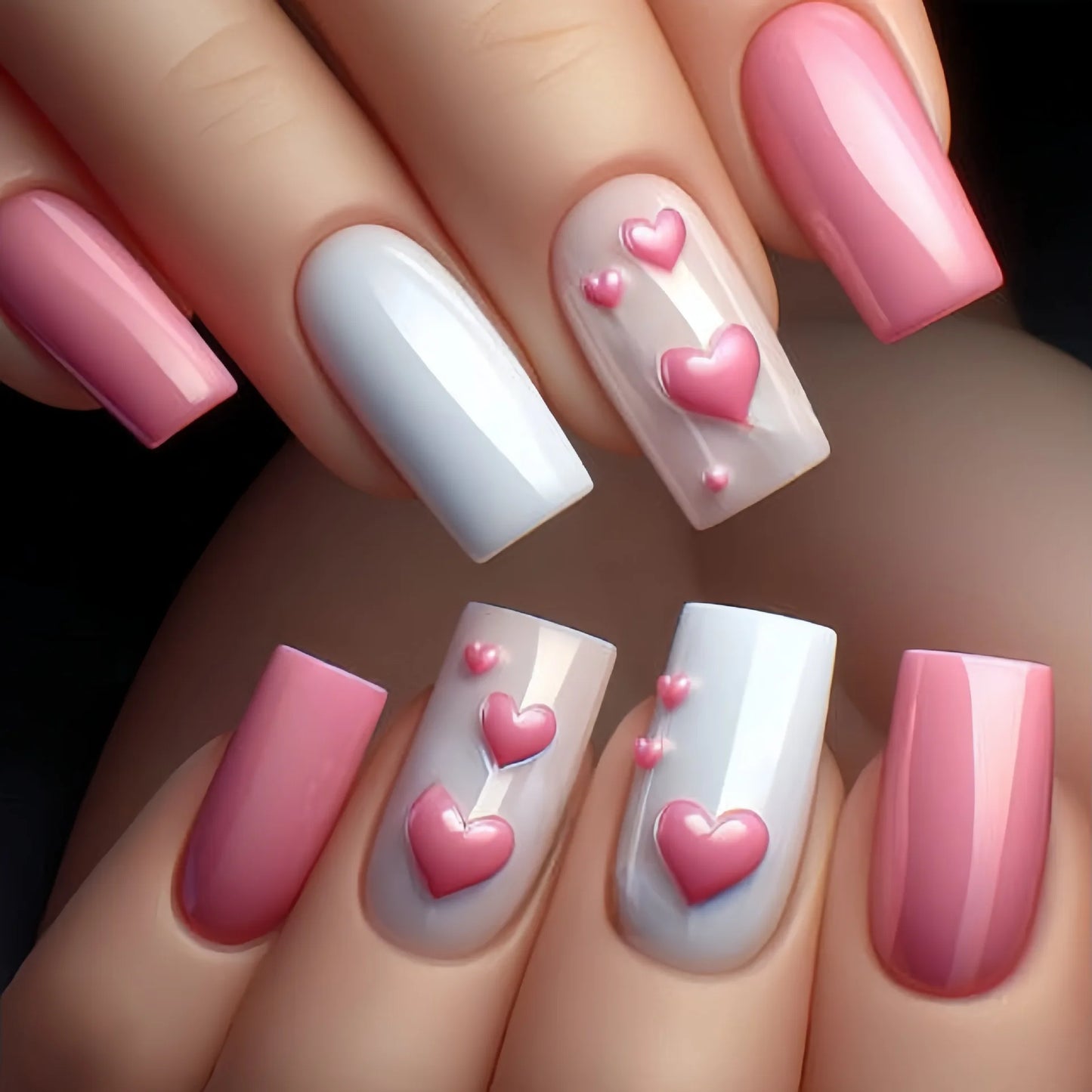 24pcs Pink Full Cover Nail Sets with Love Pattern Design False Nails Ballet Fake Nail Simple Mid-length Square Press on Nails