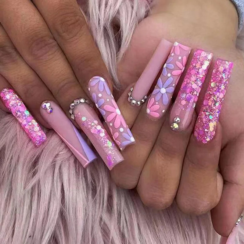 24pcs Long Ballet False Nails Pink Purple Flower Rhinestone Full Cover Nail Tips Wearable French Square Press on Fake Nails Sets
