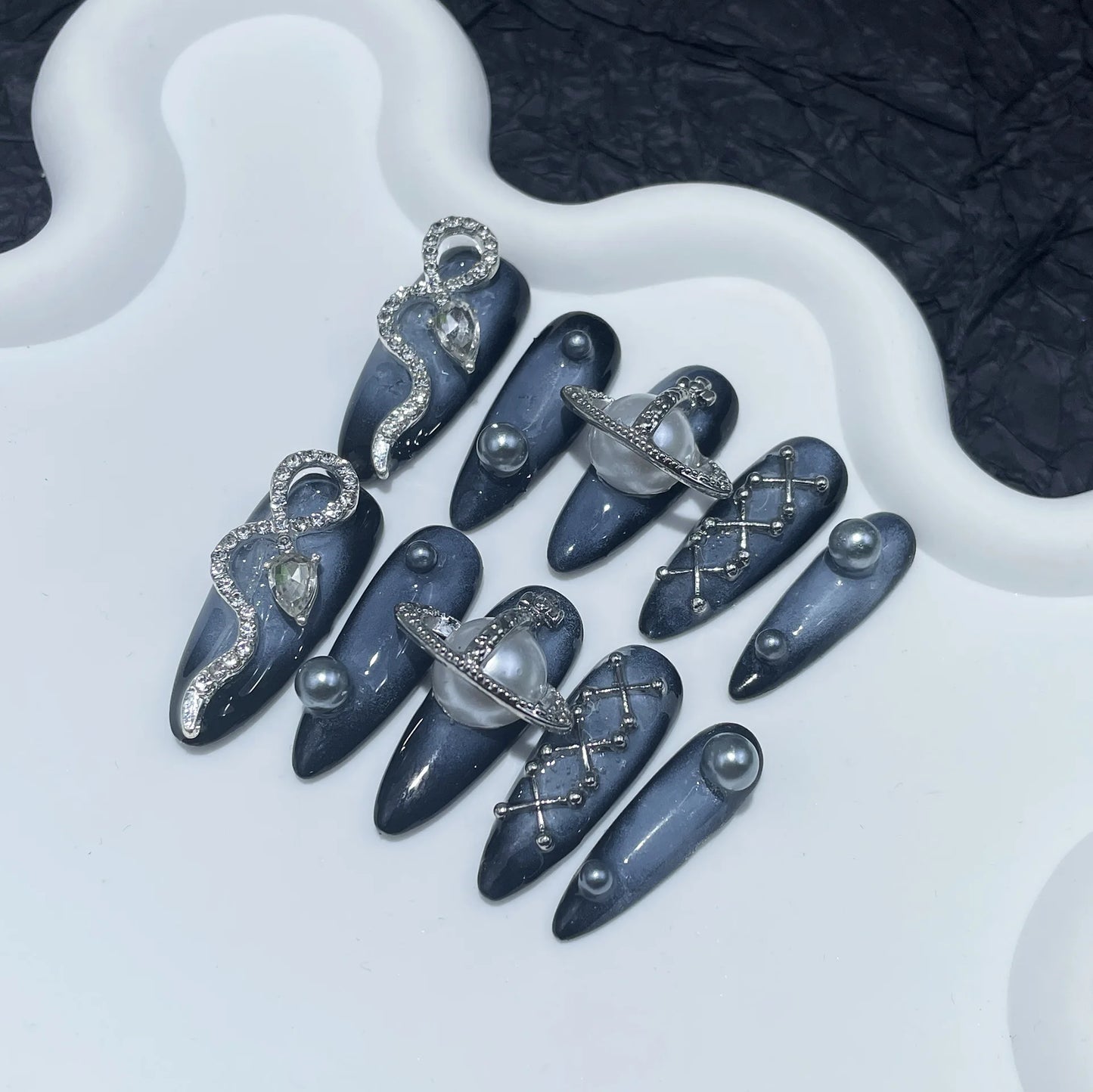 Mysterious Cosmic Press On Nails Dark Blue With Diamond Snake Planet Design For Events  With 3D Snake Planet Constellation Decor
