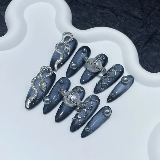 Mysterious Cosmic Press On Nails Dark Blue With Diamond Snake Planet Design For Events  With 3D Snake Planet Constellation Decor