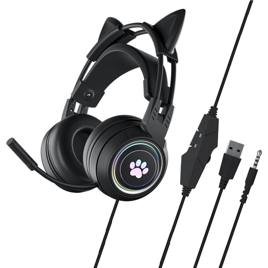 Cute Cat Ear Gaming Headphones with Mic Noise Reduced RGB Pink Girls Headset Gamer Accessories for PS4 Xbox Phone PC Kid Gift