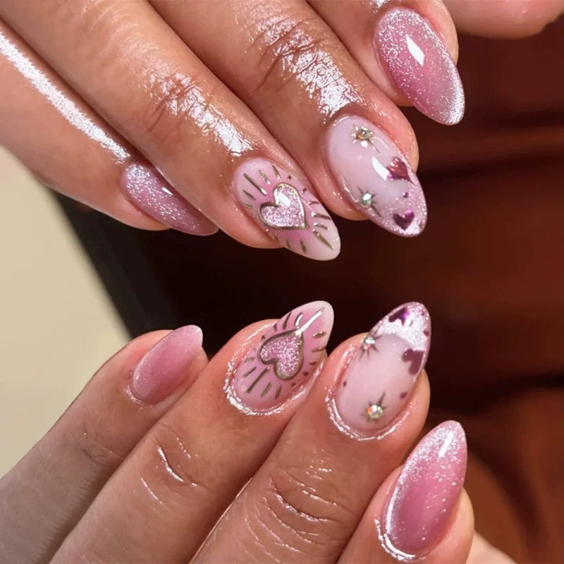 24pcs Pink Gradient Fake Nails Patch Sweet Heart Press on Nails Cat Eye False Nails Short Almond Nail French Acrylic Nail Tips