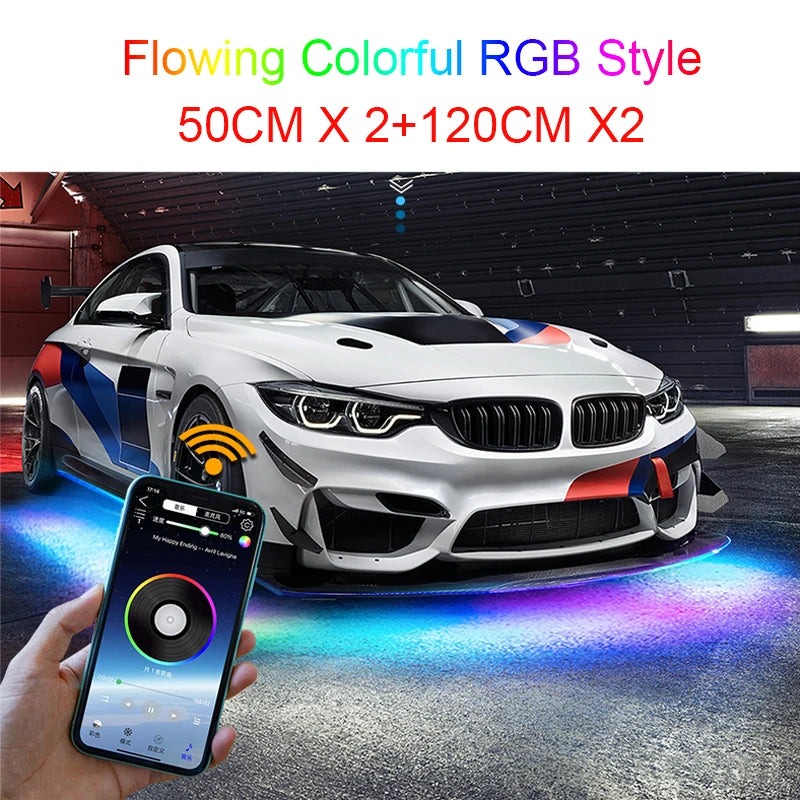 Neon LED RGB Car Underglow Bottom Light Remote/APP Control Flexible Waterproof LED Strip Car Underbody Light Decorative Lamp 12V