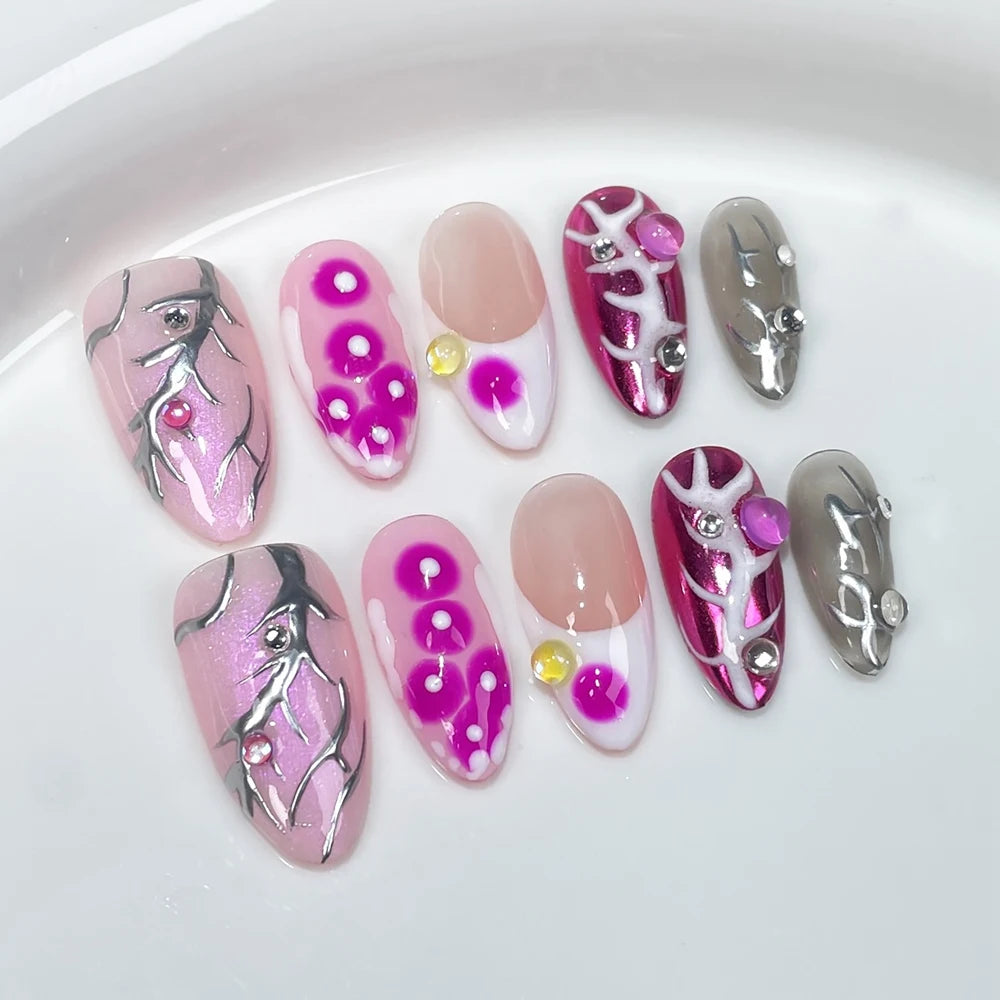 Handmade Almond Press on Nails French Flowers Design Reusable Acrylic False Nails Artifical Nail Tips Manicure Desired Life
