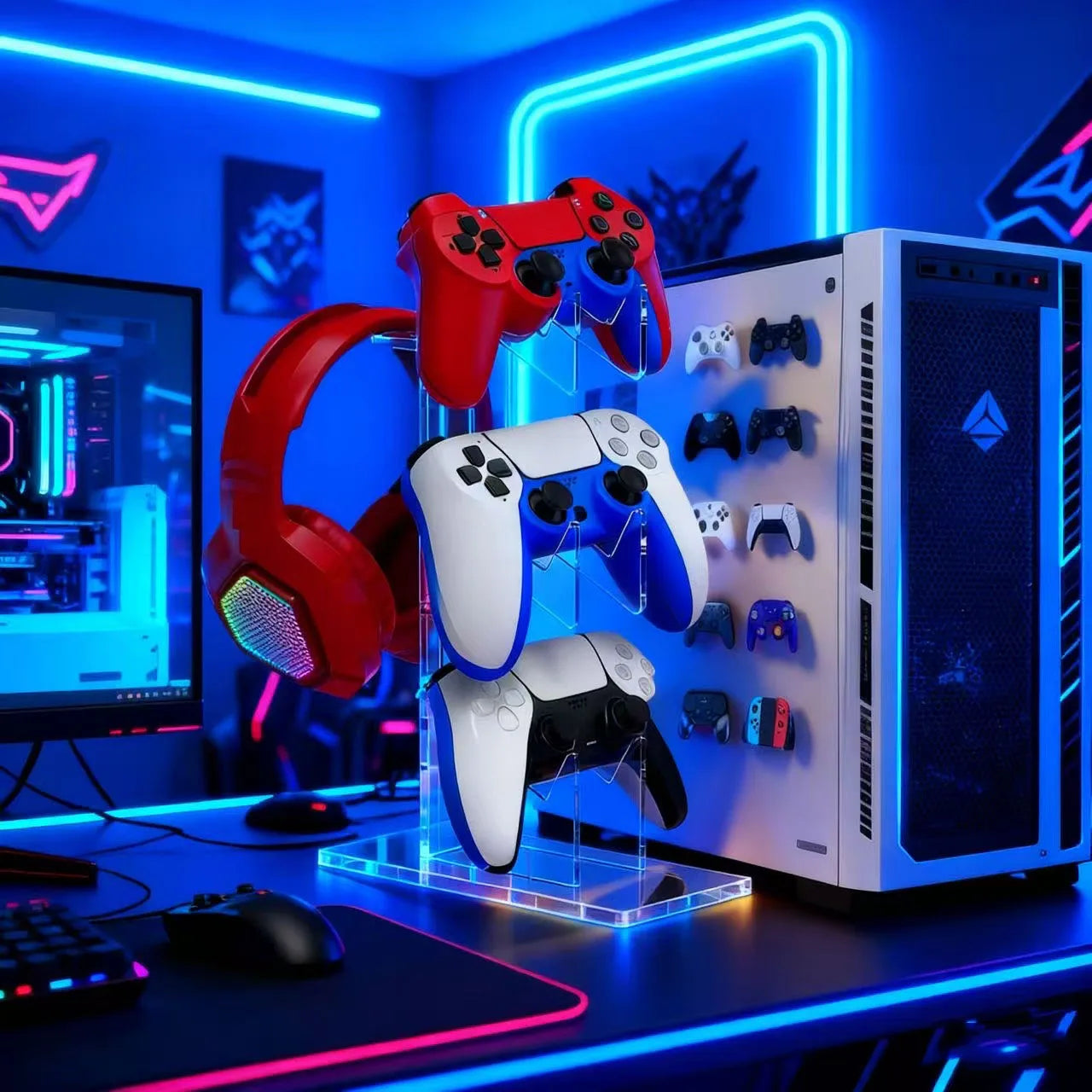 Universal 2/3 Tier Controller Holder and Headset Stand for PS4 PS5 XBOX ONE SWITCH, Controller Stand Gaming Accessories