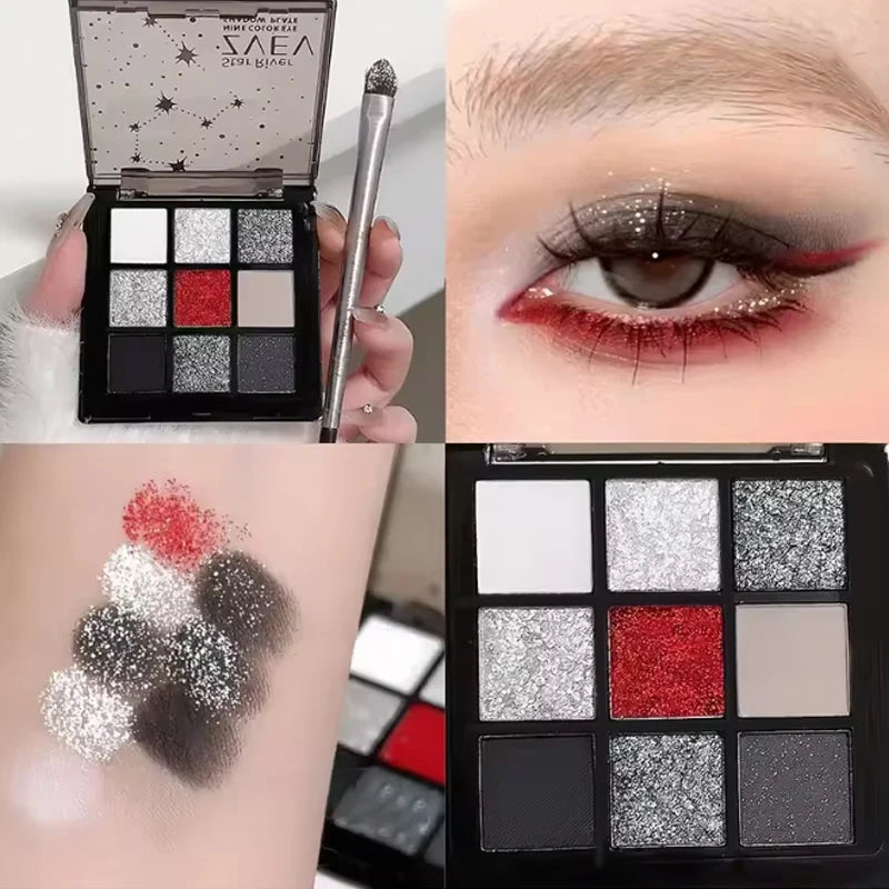 Black Red Punk Smoked 9 Colors Eyeshadow Palette - Waterproof Glitter Pearl Cold Dark Color Makeup Lasting Eyeshadow