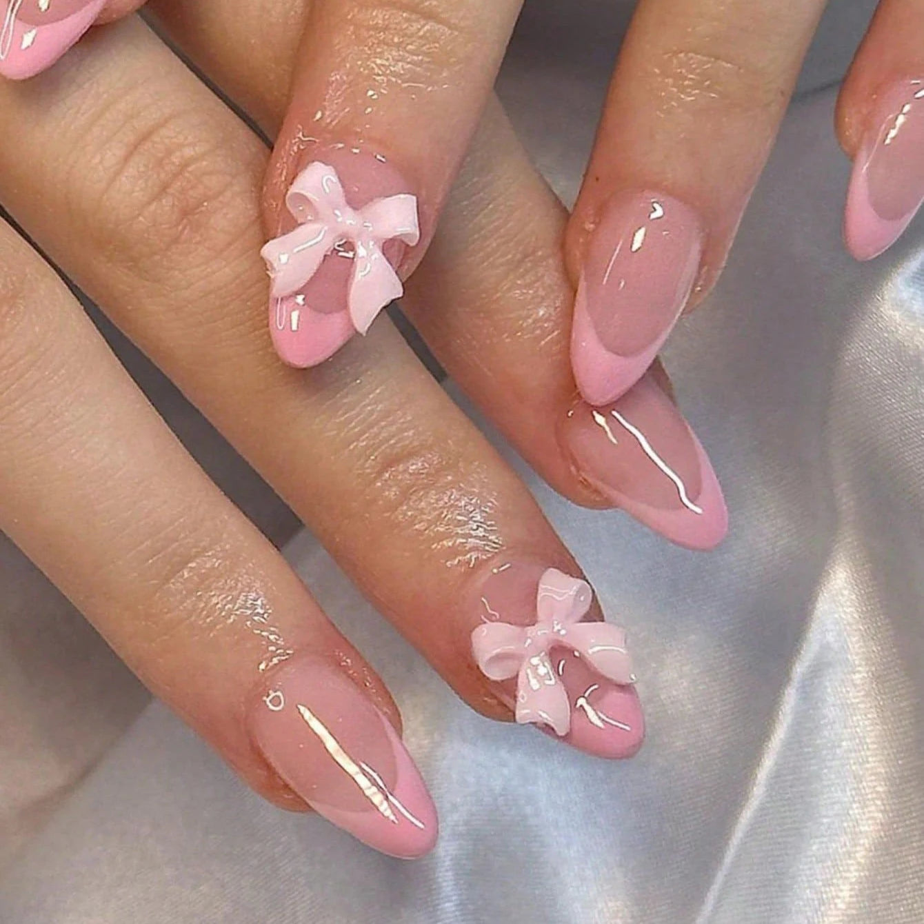 24PCS Pressed Black French Edge False Nails With Pearl And Bow Designs Fully Covered Acrylic False Nails, Reusable False Nails