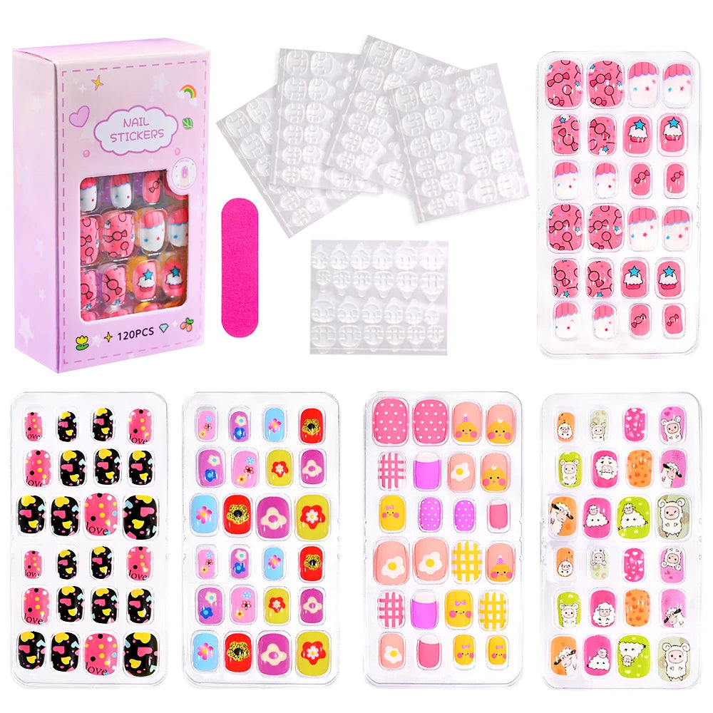 120Pcs/set Cartoon Kawaii Cute False Nail Tips 5*24Pcs  Acrylic Nails Tips Full Cover Short Fingernail Press on Fake Nails &*&