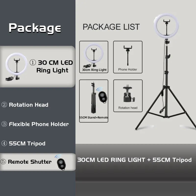 Creator Ring Light Kit with 3 Colors (Tripod + Phone Holder + USB Remote)