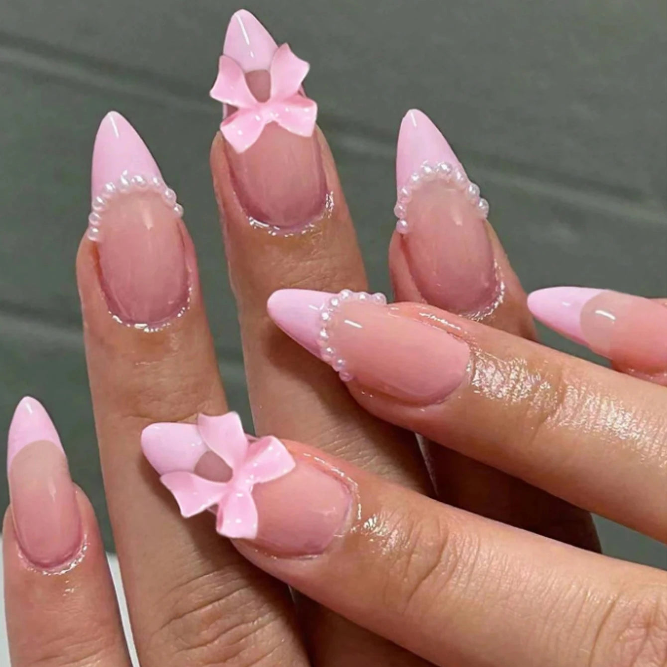 24PCS Pressed Black French Edge False Nails With Pearl And Bow Designs Fully Covered Acrylic False Nails, Reusable False Nails