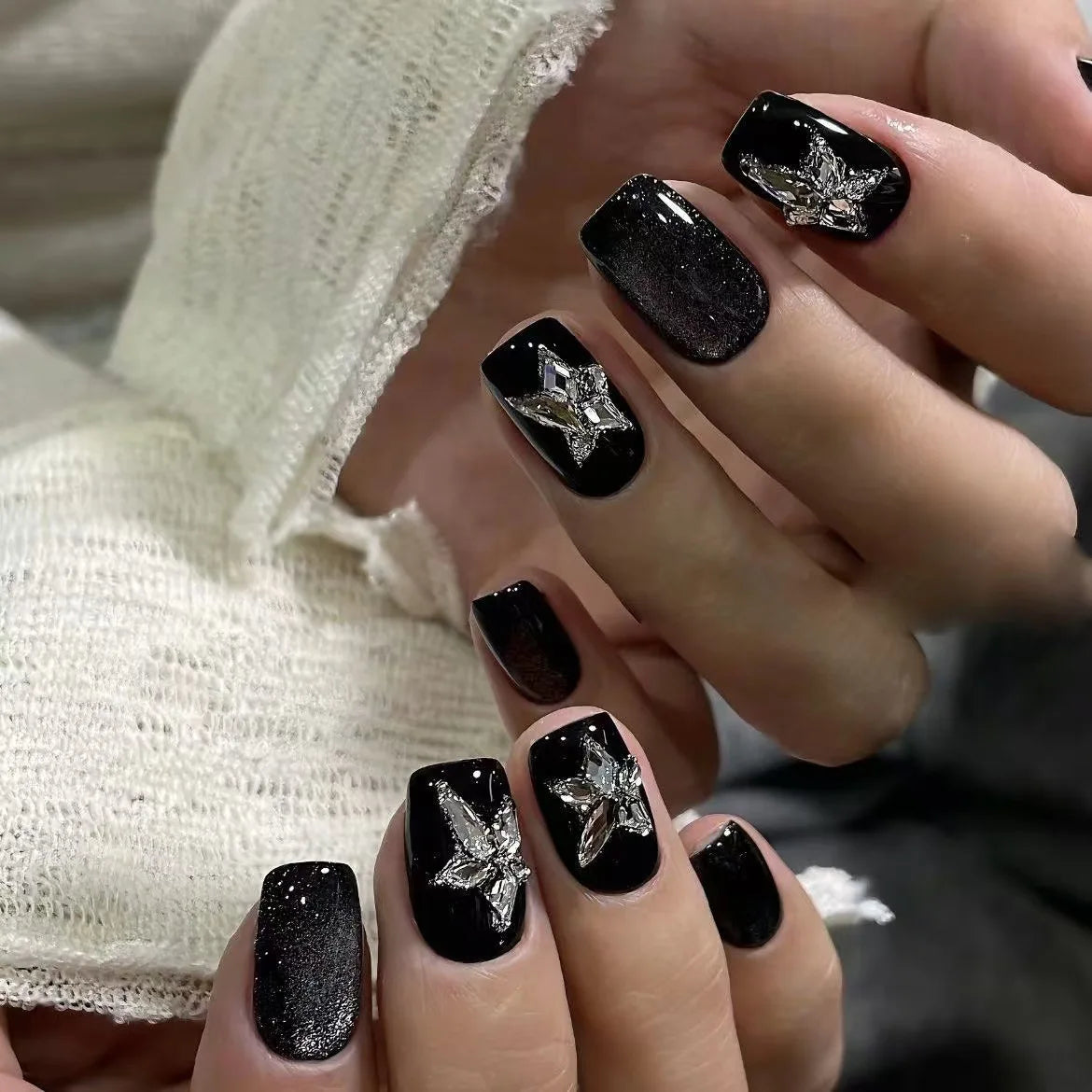 10PCS Glitter Black Cat Eye Short Square Handmade Press on Nails Sweet Cool Simple Stars Fake Nails Spice Girls Y2k False Nails