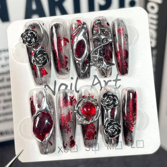 Handmade Halloween Press on Nails Long Gothic Y2k Metallic Fake Nails Artifical Acrylic Fake Nails Manicure Desired Life Store