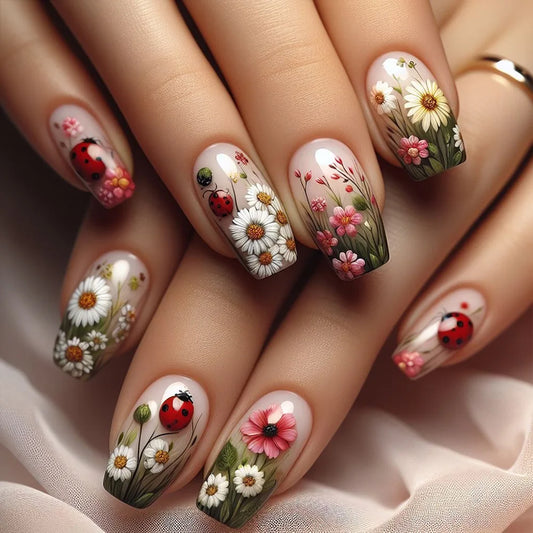 24pcs Mini Flower Press on Nails with Glue Painting Floral Acrylic Fake Nails Spring Design Short Square False Nails for Girls