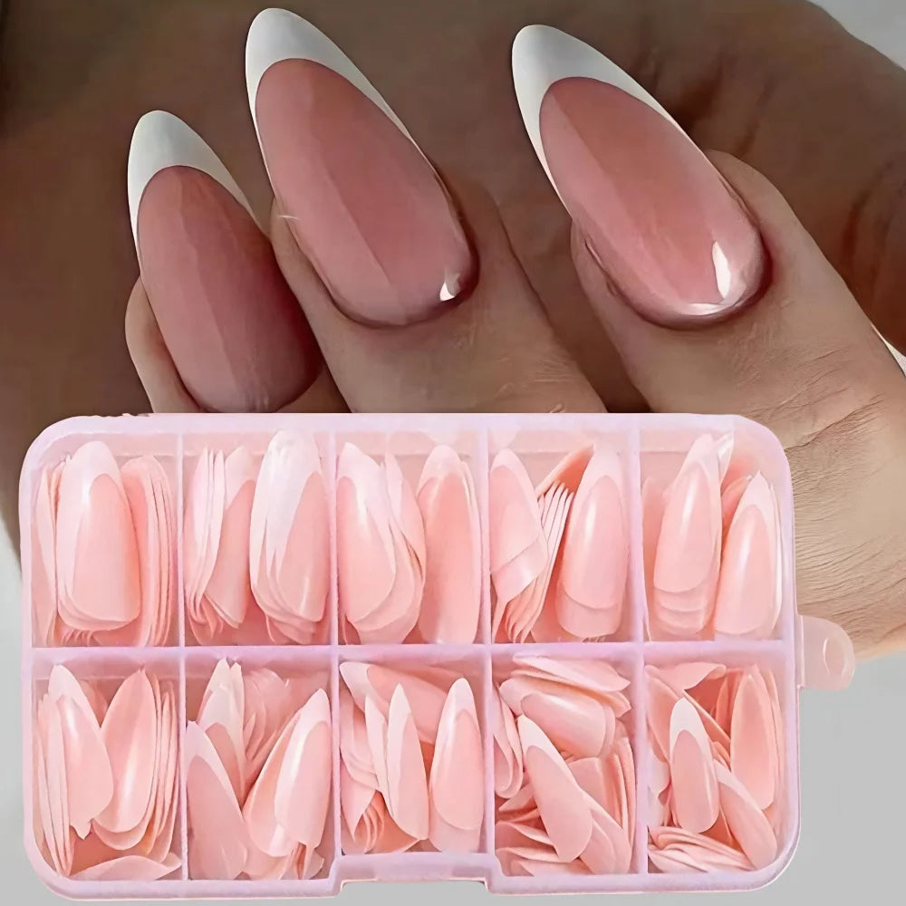 120/150/240pcs Pink Medium Almond French Press On Nails Glossy White French Oval Full Cover Wearable False Nail Acrylic FakeNail
