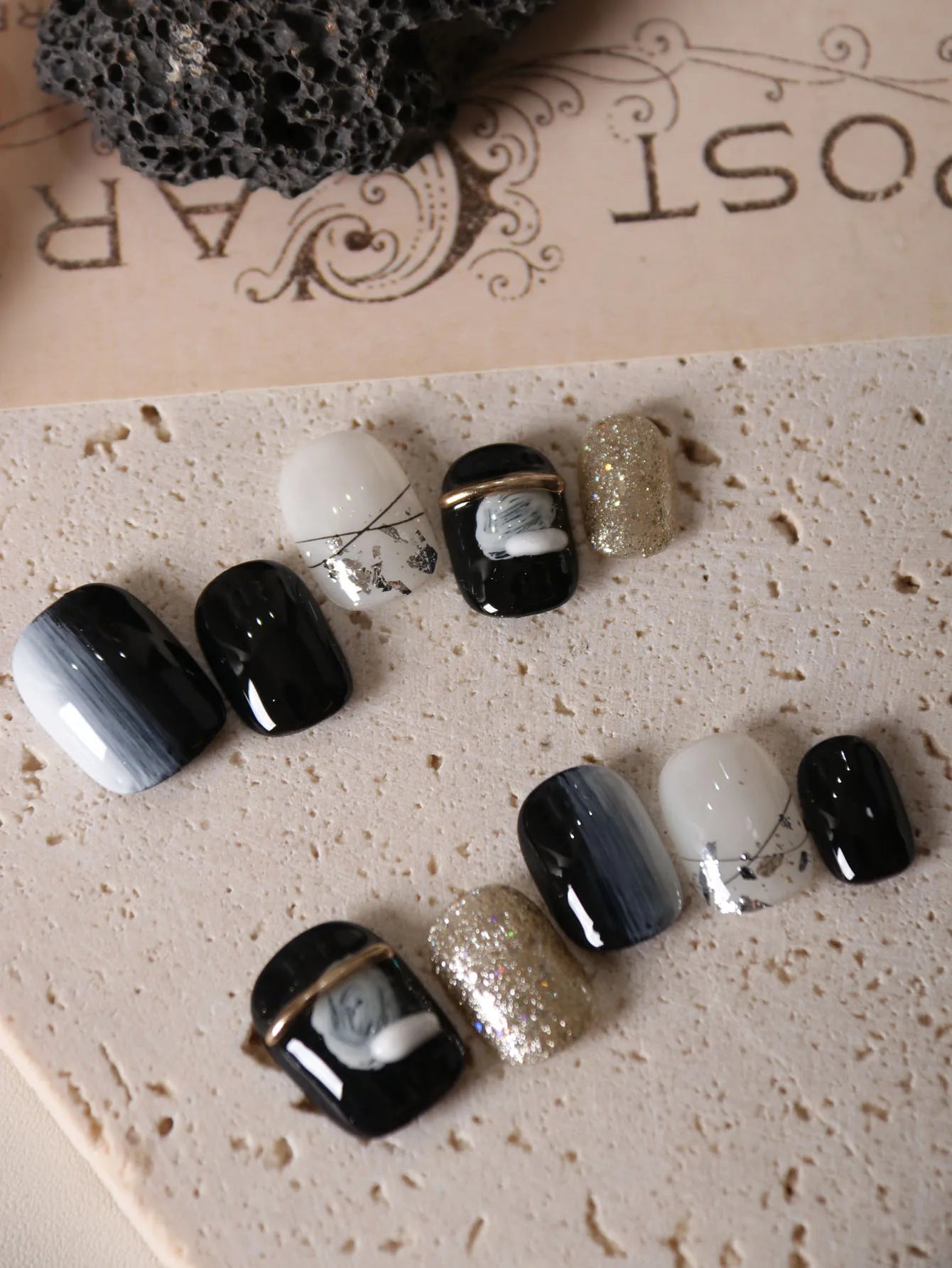 10Pcs Press on Nails Short Black Halation Acrylic Press on Nails Fake Nails Includes 1 Sheet Adhesive Tabs & 1 Pc Mini File