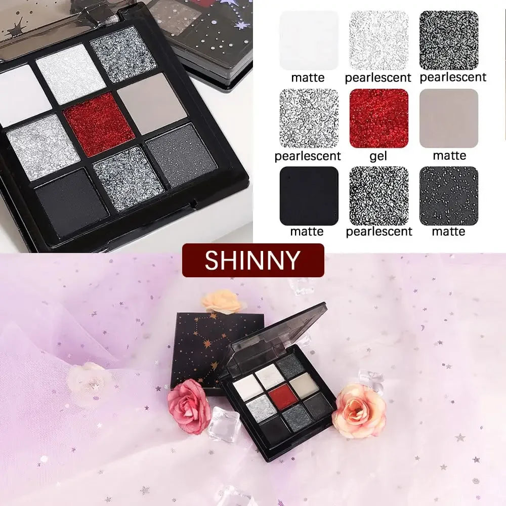 Black Red Punk Smoked 9 Colors Eyeshadow Palette - Waterproof Glitter Pearl Cold Dark Color Makeup Lasting Eyeshadow