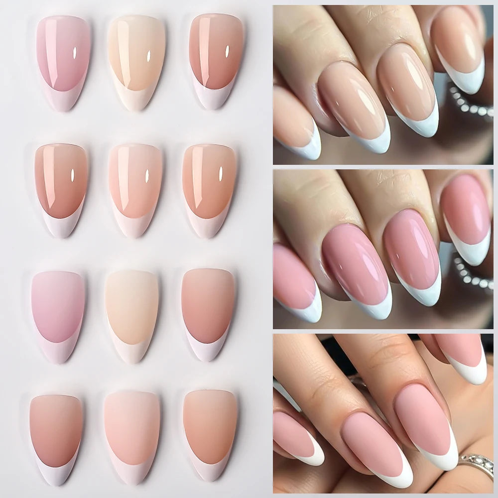 360Pcs/Box Pink Nude Almond French Fake Nails 12 Size Acrylic Soft Gel Tips Press on French Nails Full Cover Wearable False Nail