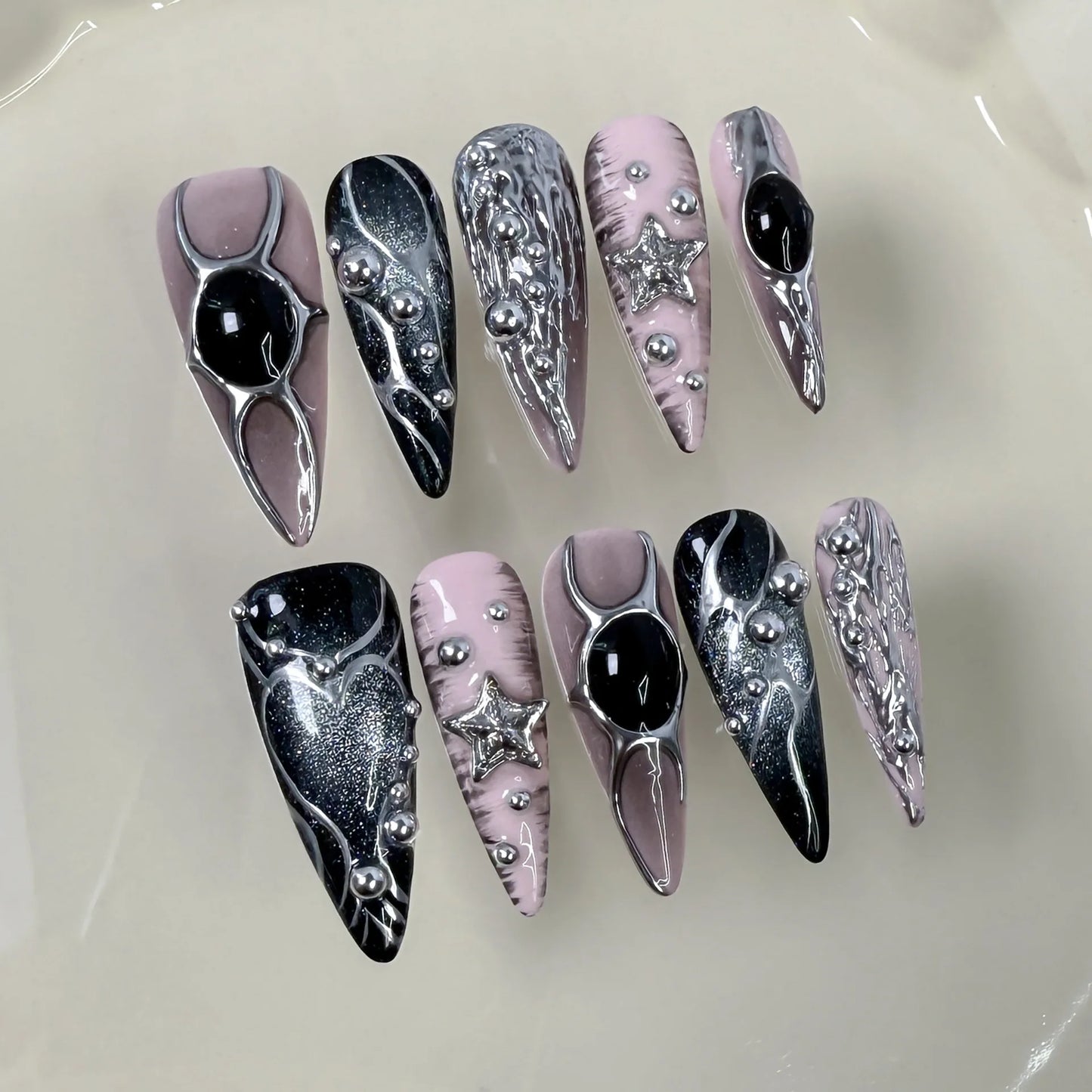 Handmade Halloween Press on Nails Long Gothic Y2k Metallic Fake Nails Artifical Acrylic Fake Nails Manicure Desired Life Store