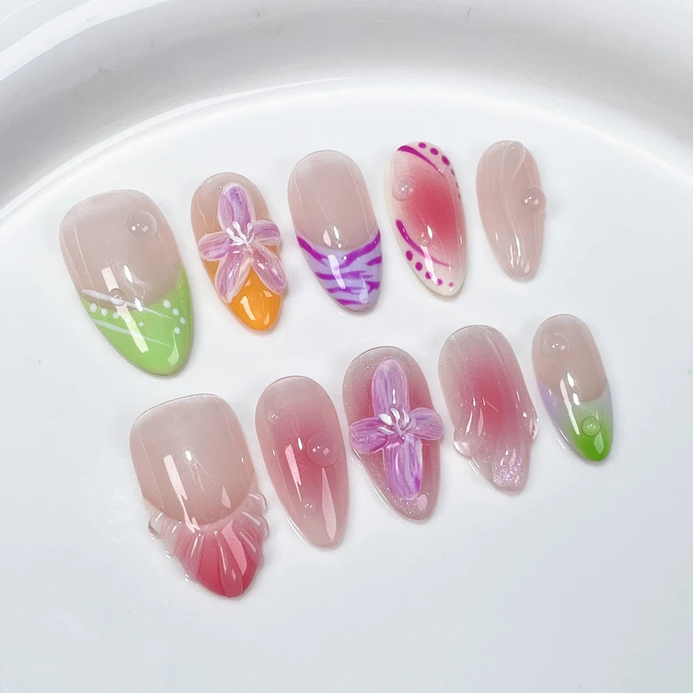 Handmade Almond Press on Nails French Flowers Design Reusable Acrylic False Nails Artifical Nail Tips Manicure Desired Life