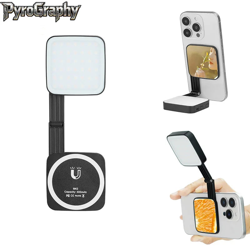 PyroGraphy Magnetic Mobile Phone Photography Filling Light Live Video Mini Ultra-thin LED Selfie Beauty Pocket Light with Mirror