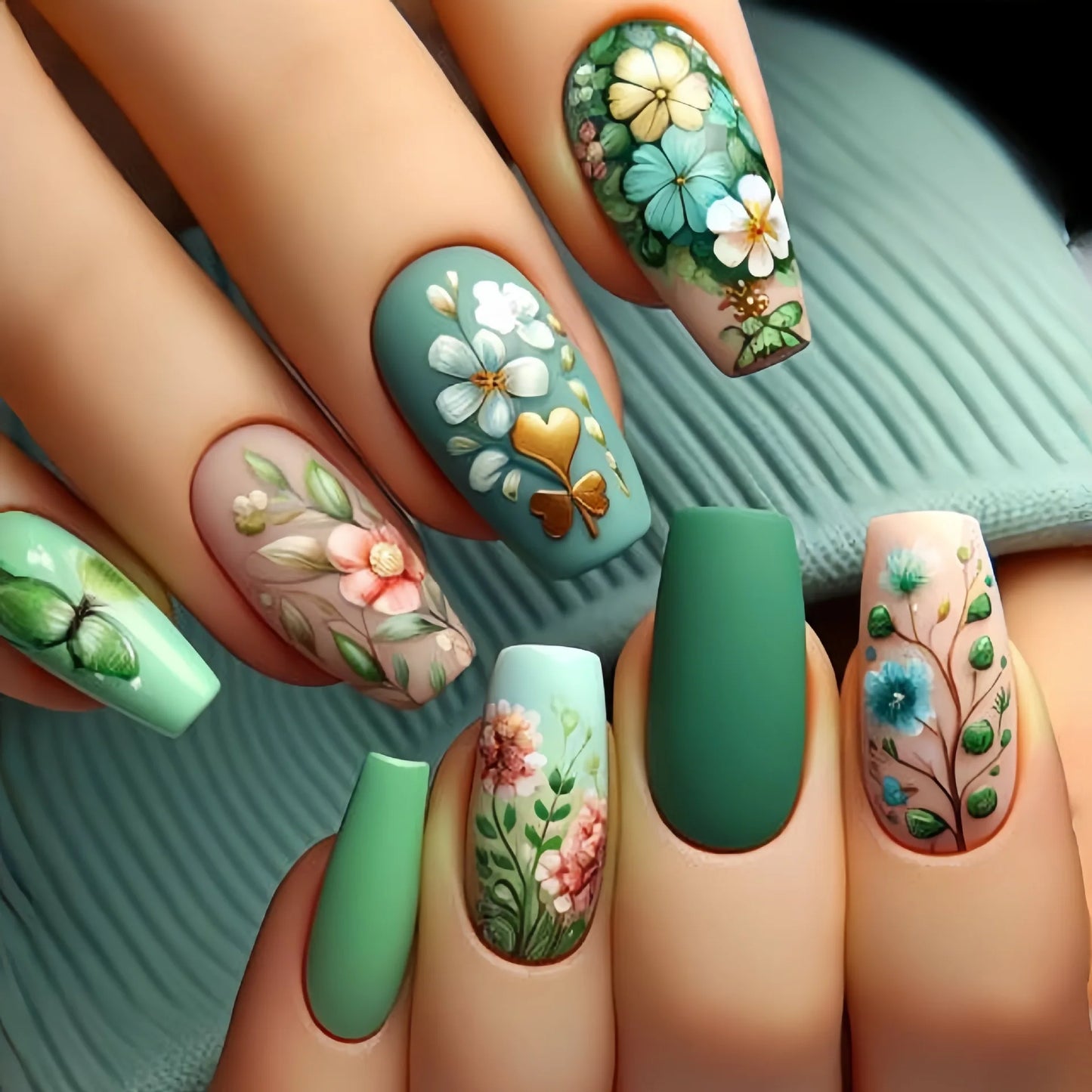 24pcs Mini Flower Press on Nails with Glue Painting Floral Acrylic Fake Nails Spring Design Short Square False Nails for Girls