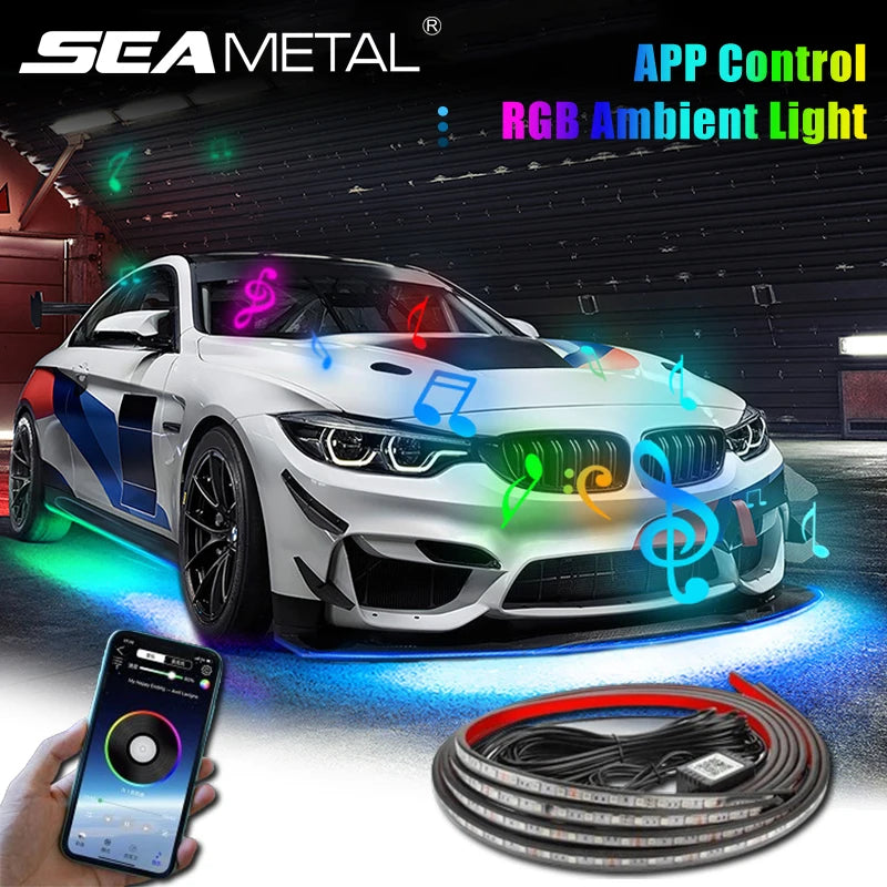 SEAMETAL 4Pcs Car Led Flow Light Colorful Chassis Light Strip Flexible Waterproof Car Underglow Atmosphere Lamp Bar App Control