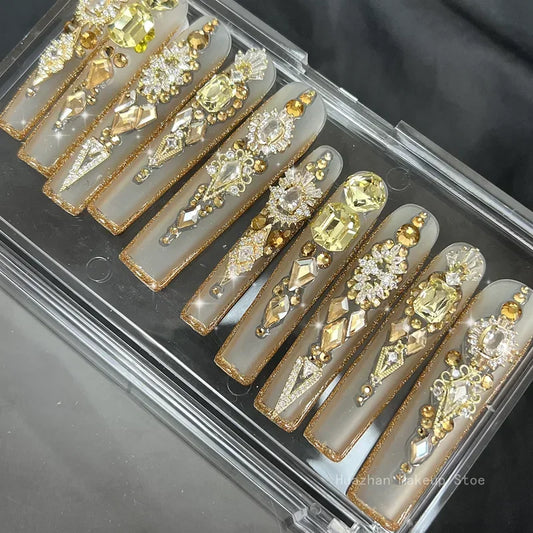 Customize Handmade Extra Long False Nail Tips Glittery Rhinestone 3D Flower Press On Nails Y2K Reusable 3XL Acrylic Fake Nail