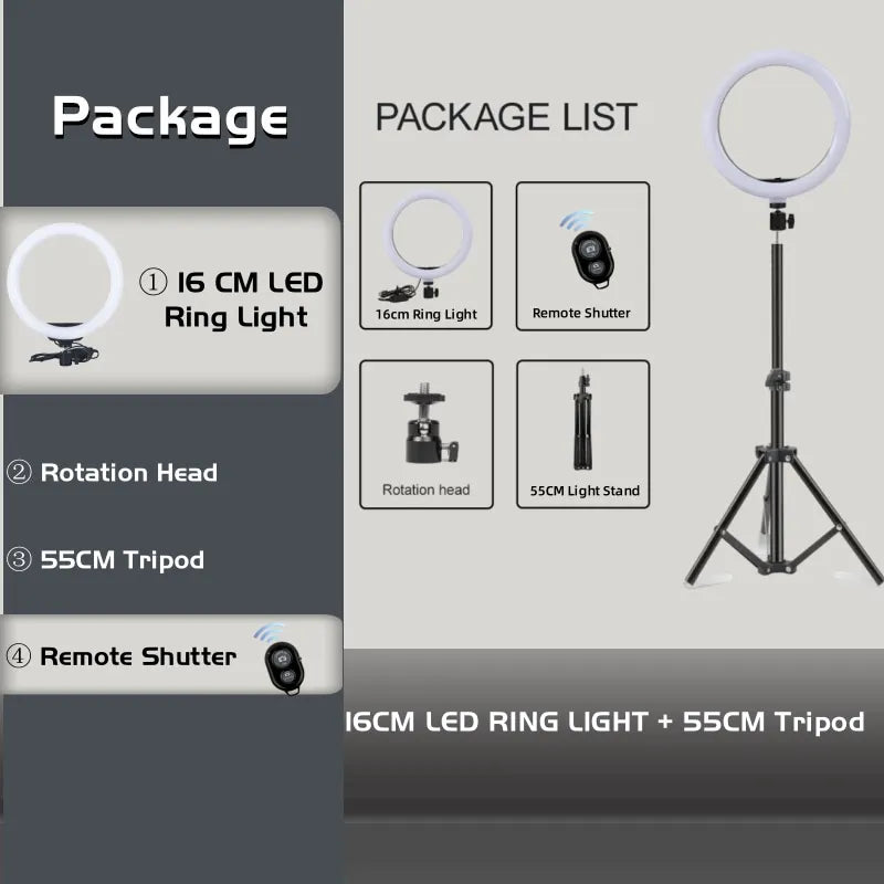 Creator Ring Light Kit with 3 Colors (Tripod + Phone Holder + USB Remote)