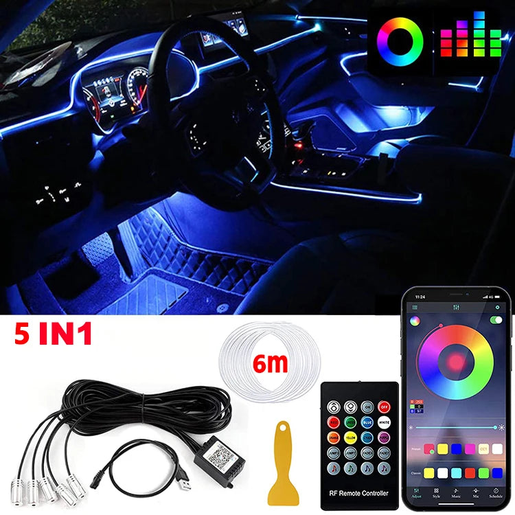 5 in 1 LED Car Interior Ambient Lights Neon Fiber Optic Lighting Kit with APP Remote Music Control RGB Auto LED Decorative Lamps