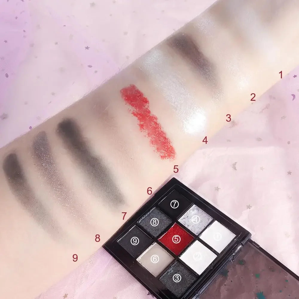 Black Red Punk Smoked 9 Colors Eyeshadow Palette - Waterproof Glitter Pearl Cold Dark Color Makeup Lasting Eyeshadow