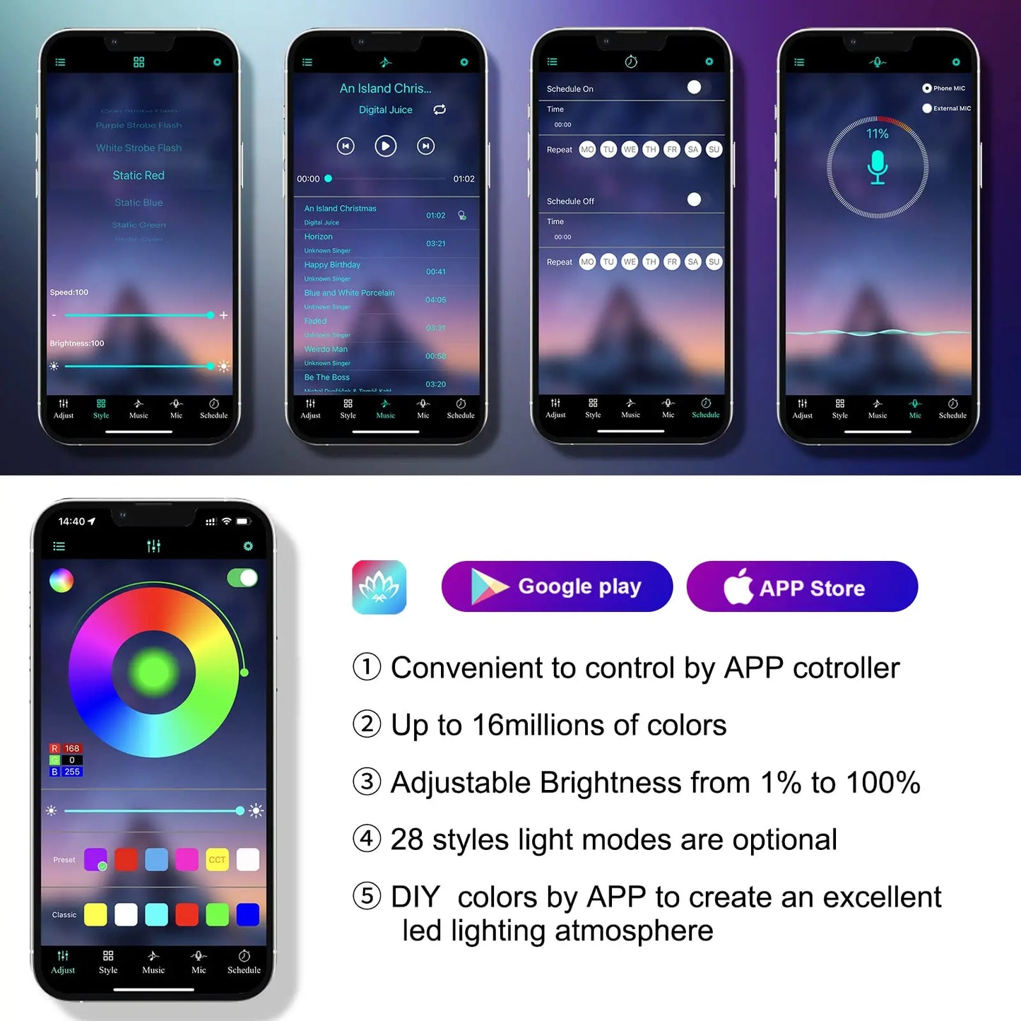 5 in 1 LED Car Interior Ambient Lights Neon Fiber Optic Lighting Kit with APP Remote Music Control RGB Auto LED Decorative Lamps