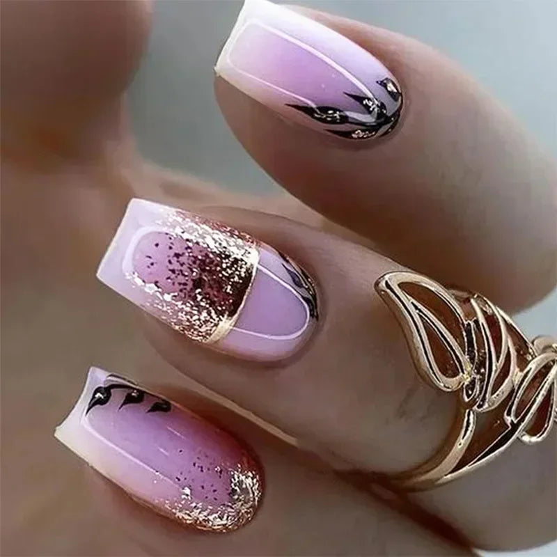 24pcs Flash False Nails Taro Purple Press on Nails French Fashion White Edge False Nails Full Cover Acrylic Nails Set Press Ons