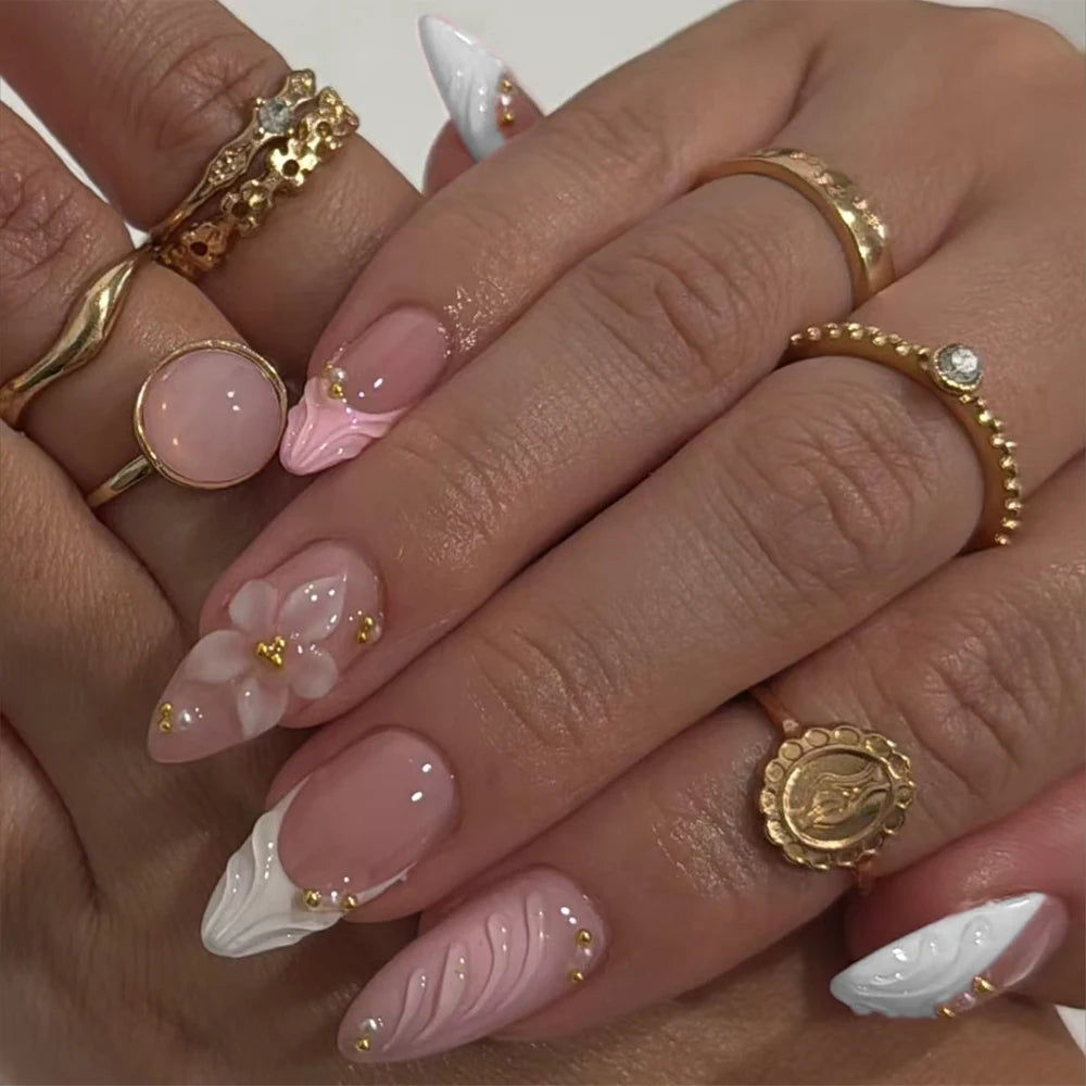 Elevate Your Style with, 24pcs/set Long almond flowers Pink and white French Press on nails tips French Acrylic Fake Nail，3d gel