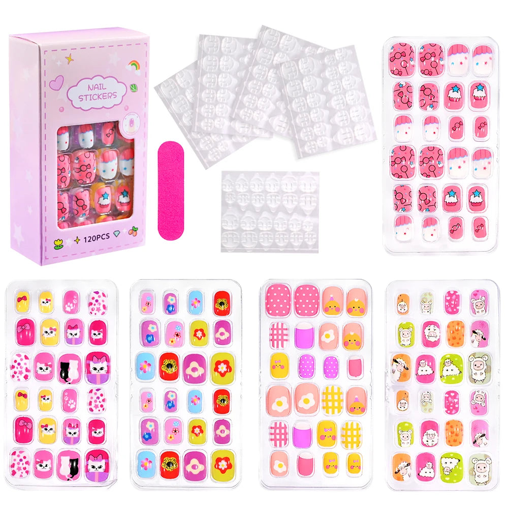 120Pcs/set Cartoon Kawaii Cute False Nail Tips 5*24Pcs  Acrylic Nails Tips Full Cover Short Fingernail Press on Fake Nails &*&