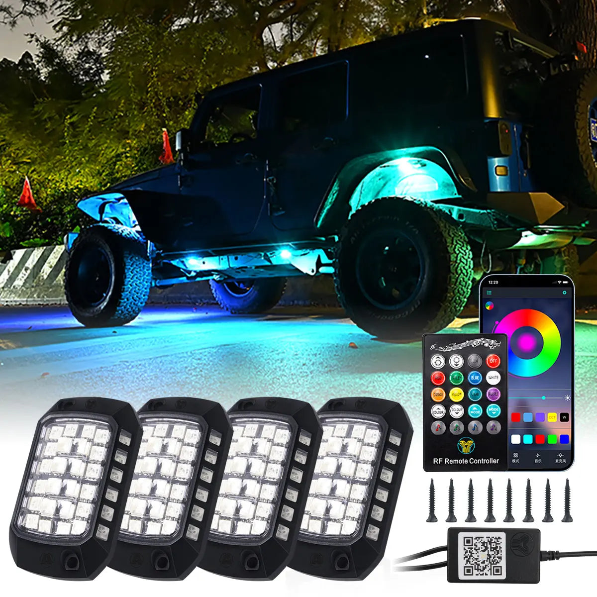 4/8/12 in 1 RGB Car LED 3D Lens Off-road Chassis Decorative Light  APP Remote Control Ambient Light Car Underglow Chassis Light