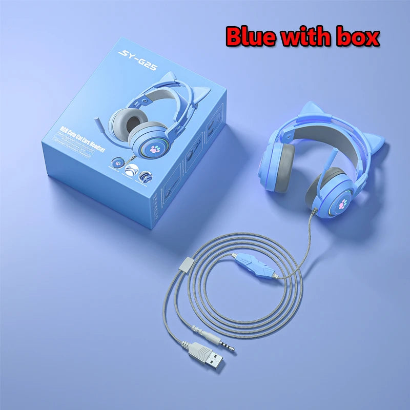 Cute Cat Ear Gaming Headphones with Mic Noise Reduced RGB Pink Girls Headset Gamer Accessories for PS4 Xbox Phone PC Kid Gift