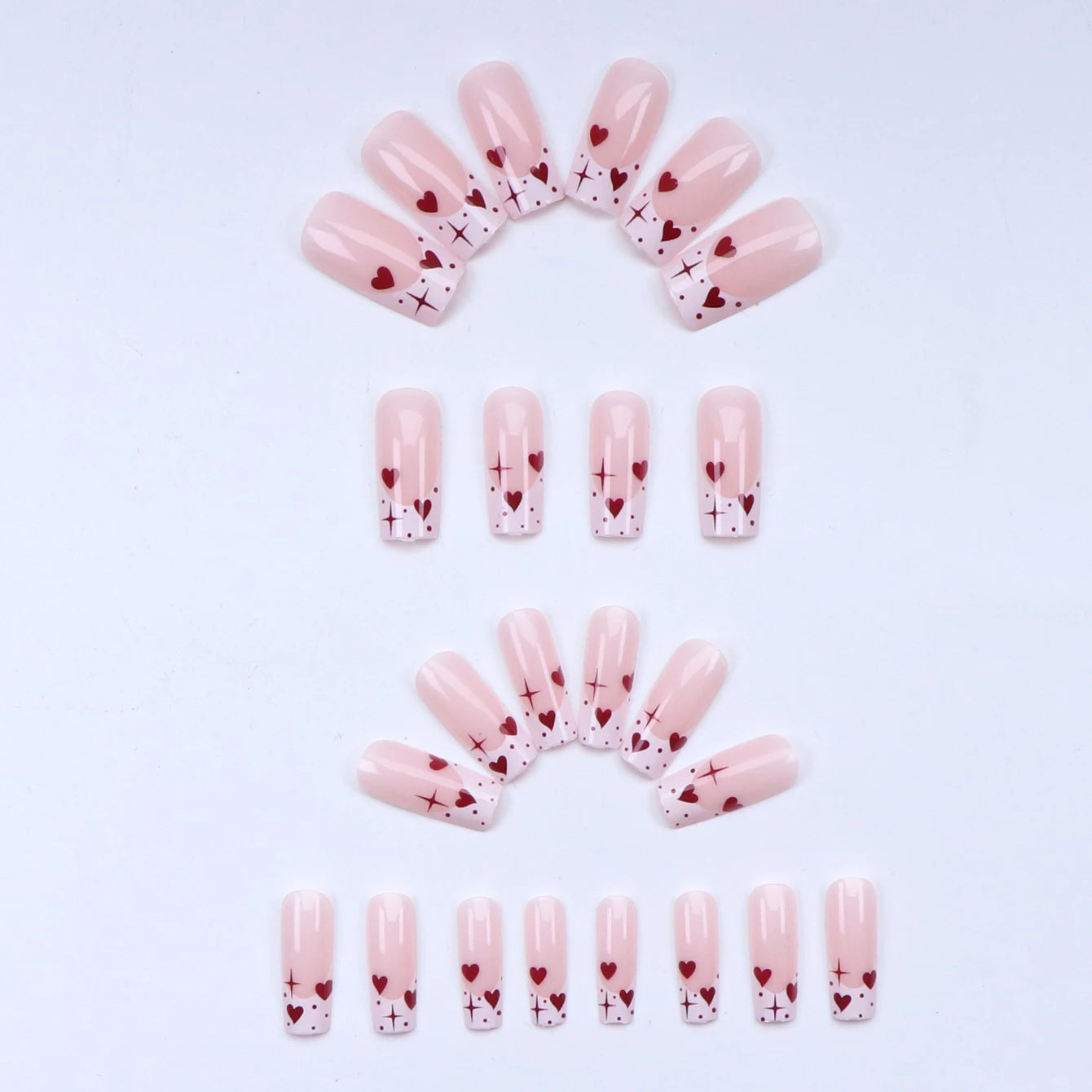 24PCS White French-Edge Rectangular False Nails With Heart And Star Designs, Reusable Acrylic False Nails