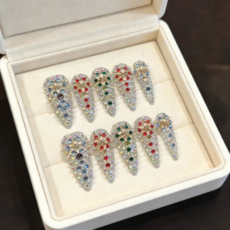 10pcs Long Stiletto Press on Nails Multi-Color Rhinestone Cluster Decor Sparkly Reusable Handmade Fake Nails for Wedding & Party