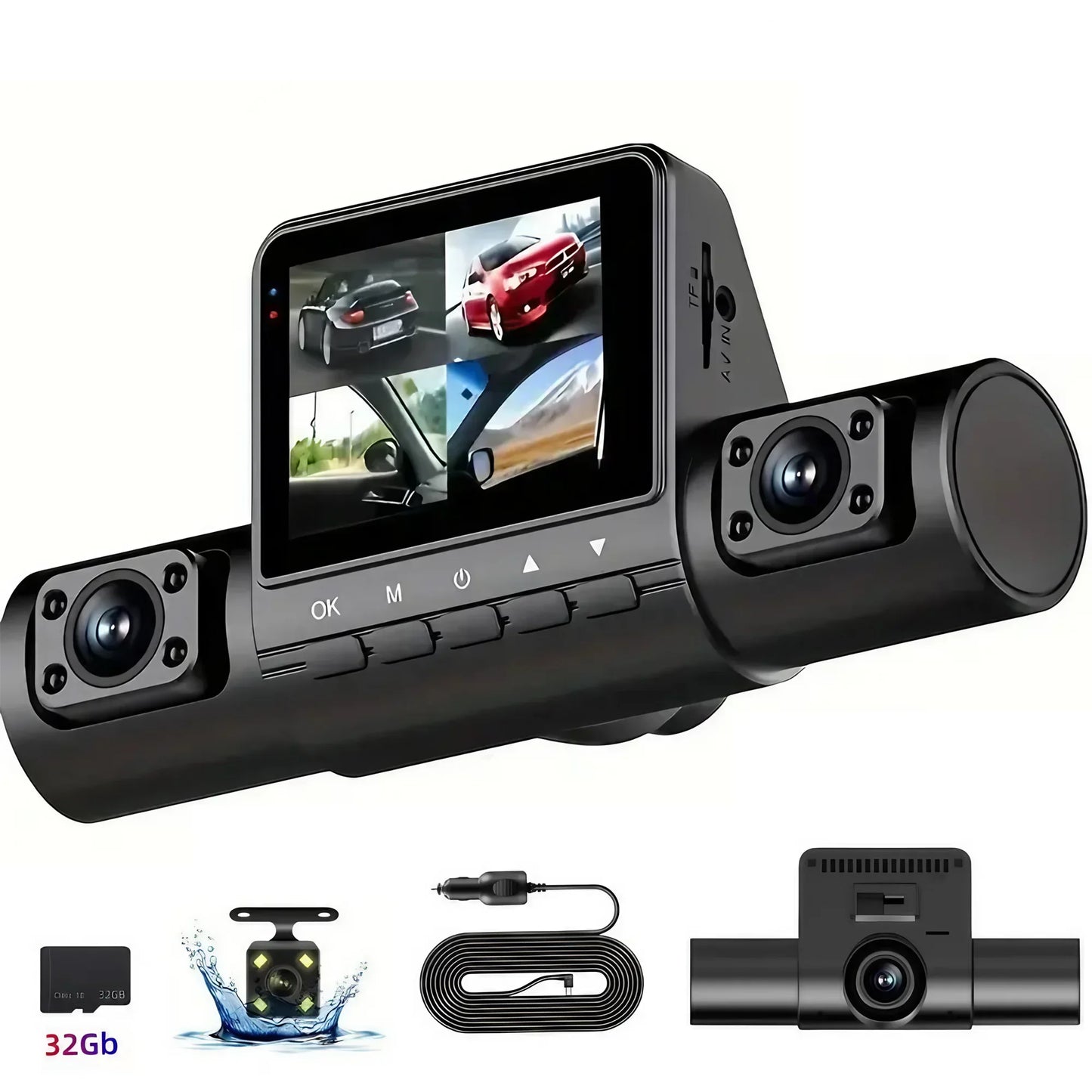3Camera Car Recorder 1080P HD with Night Vision Parking Monitoring IPS Screen Front Rear Inside Dash Cam Support Laptop Computer