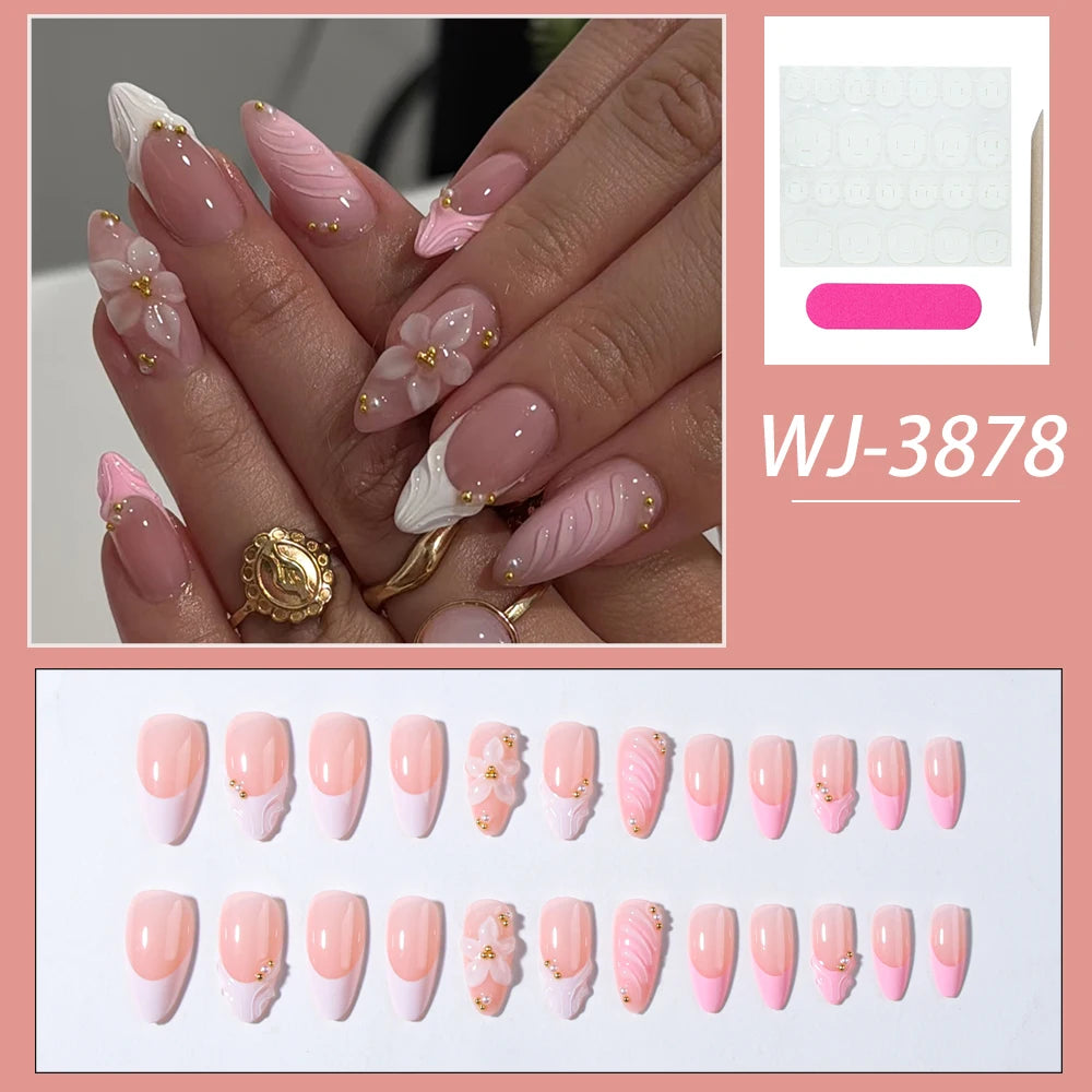 Elevate Your Style with, 24pcs/set Long almond flowers Pink and white French Press on nails tips French Acrylic Fake Nail，3d gel